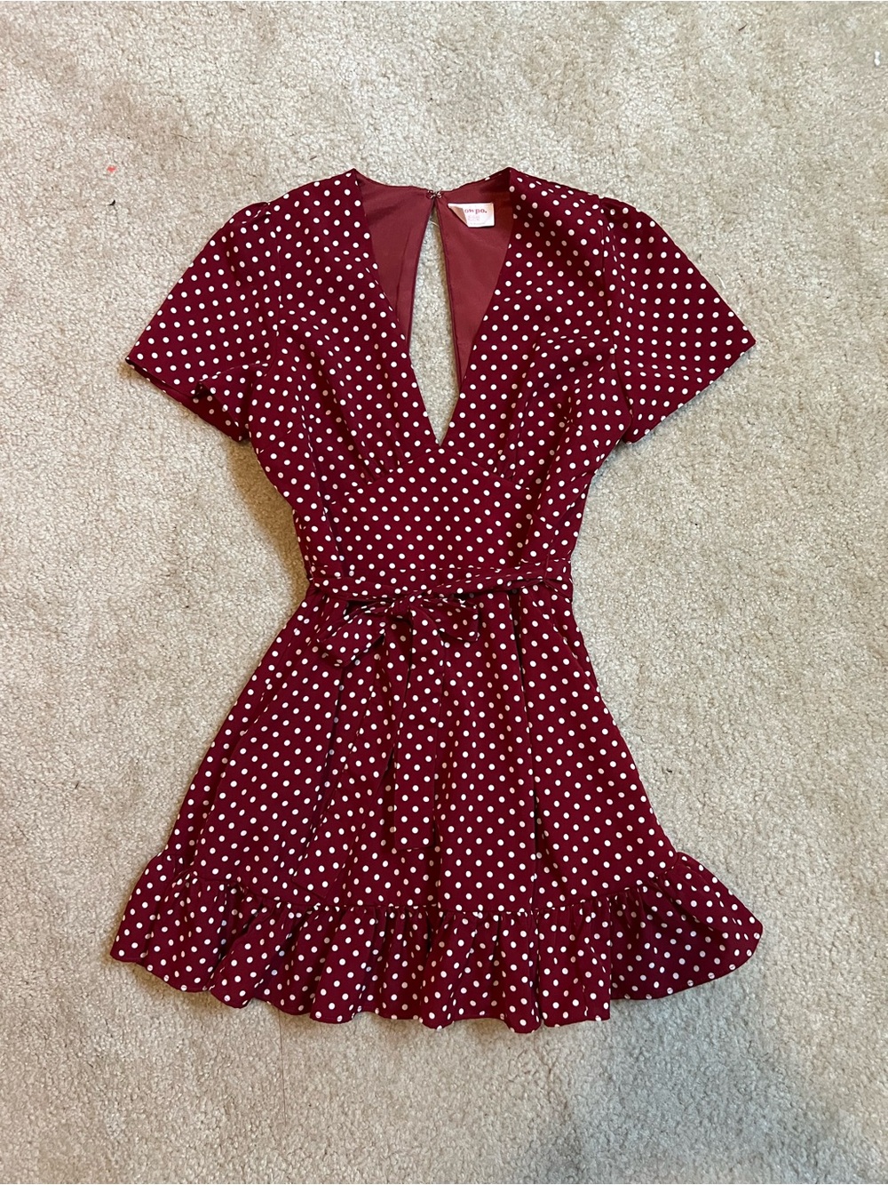 Showpo Burgundy Polka Dot V-Neck Wrap Mini Dress